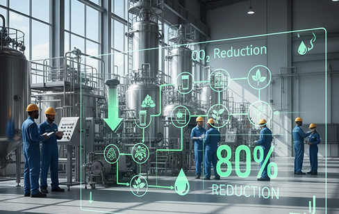 Industrial facility with digital carbon reduction overlay showing 80% reduction metrics